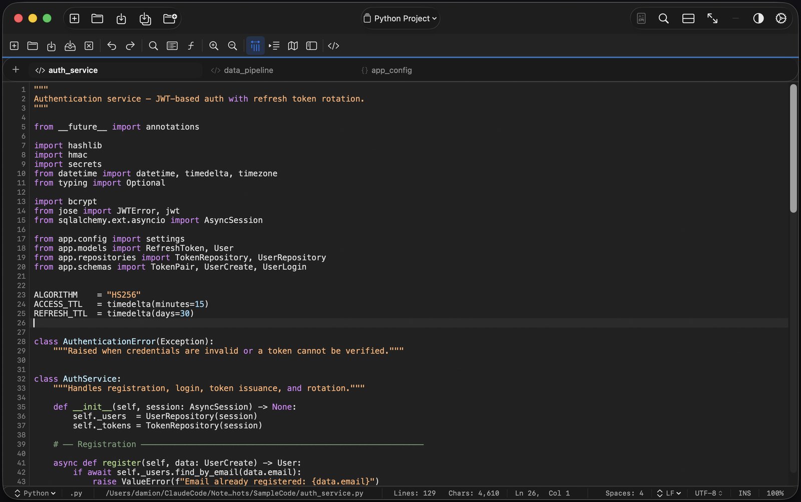Tab.Noted editing a Python project with full syntax highlighting
